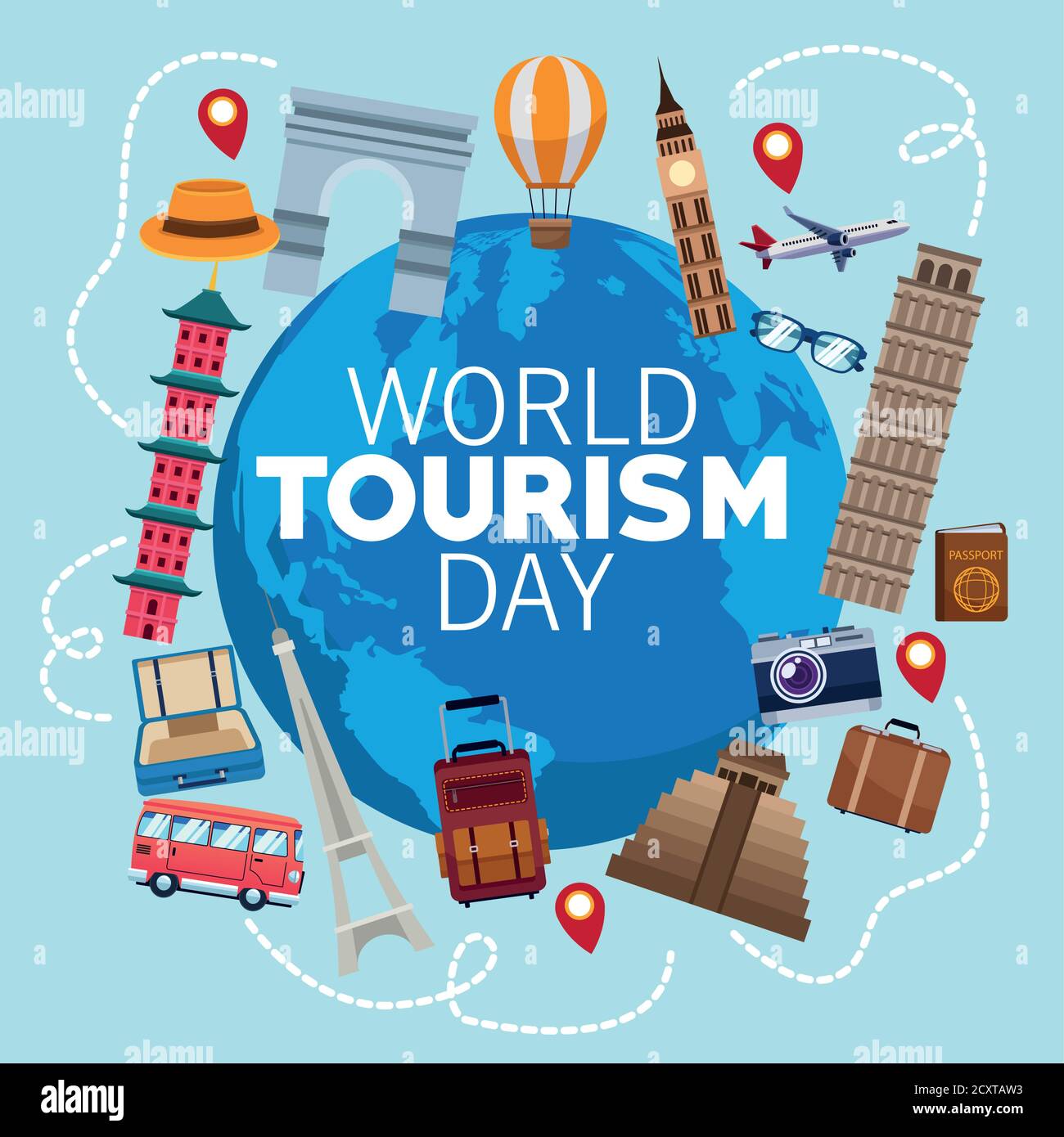 world tourism day lettering celebration with earth planet and set icons vector illustration design Stock Vector