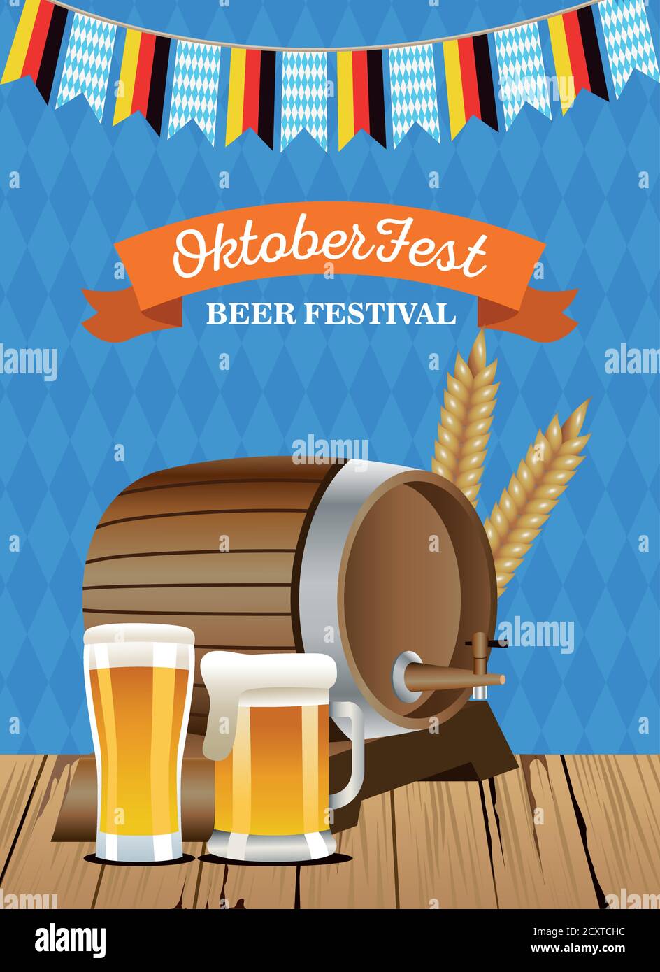 happy oktoberfest celebration barrel with beers jars and garlands ...