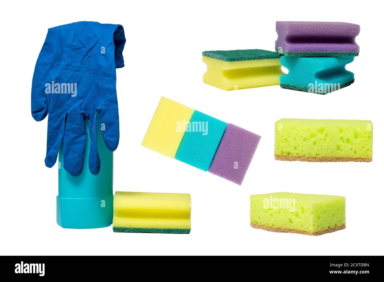 sponges, gloves and cleaning agent isolate on white background