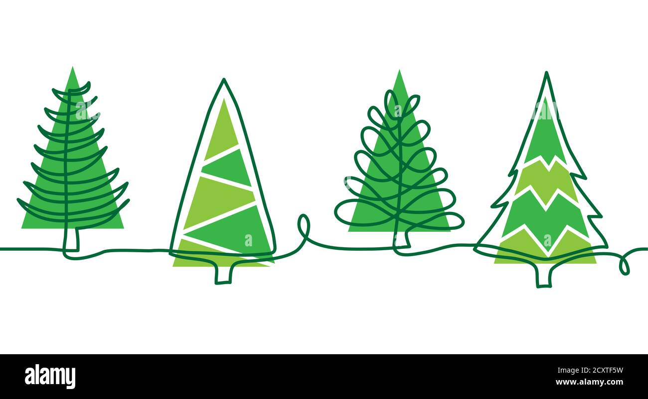 Christmas pine trees doodle border. One continuous line drawing. Simple vector green Christmas trees border Stock Vector