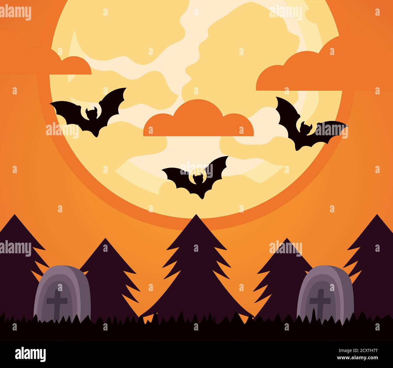 happy halloween celebration with bats flying in cemetery night scene ...