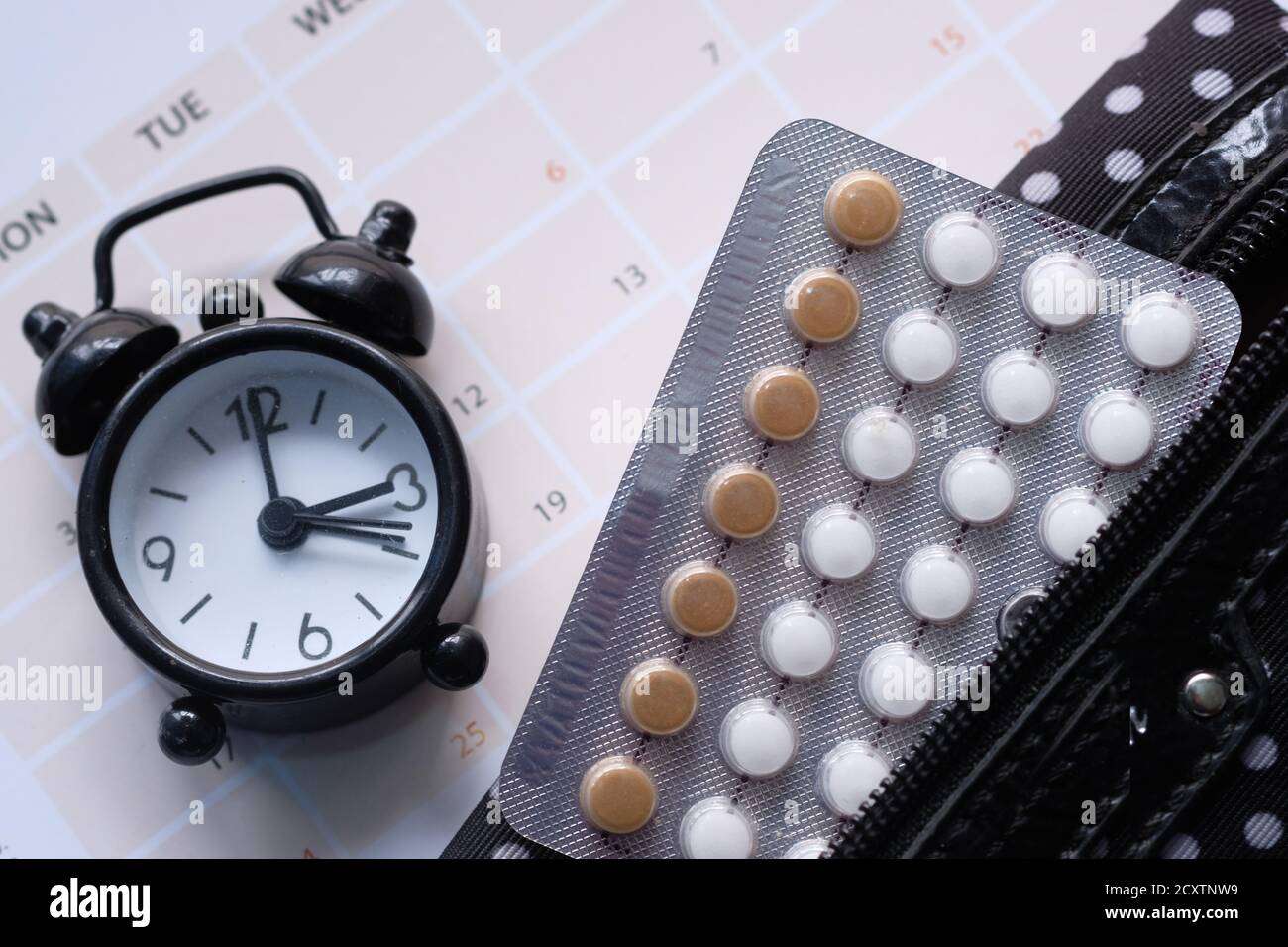 birth control pills , clock and calendar, close up  Stock Photo