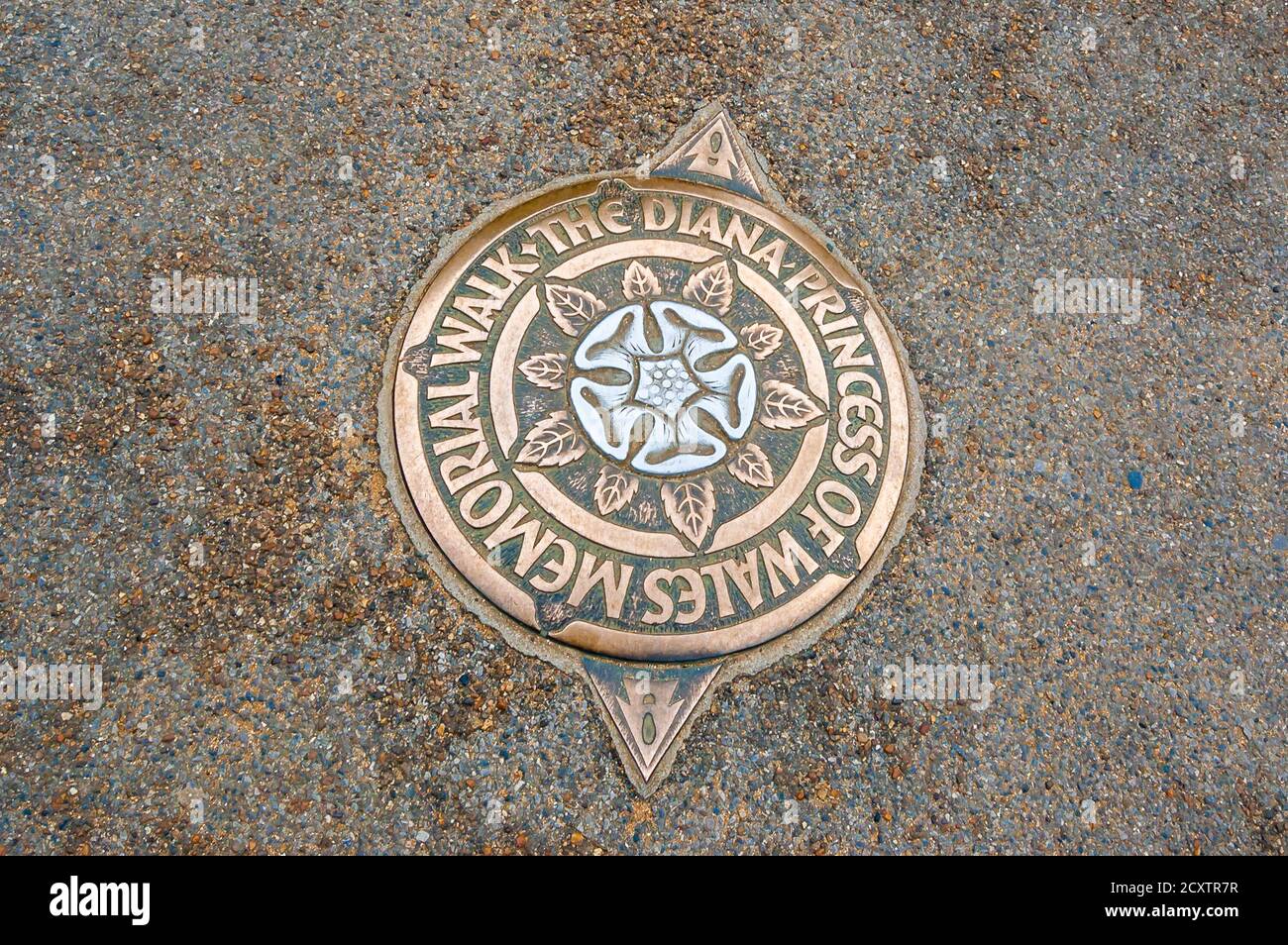 London, United Kingdom - September 14, 2017: Golden plate on the ground dedicated to the Diana princess of Wales memorial walk Stock Photo
