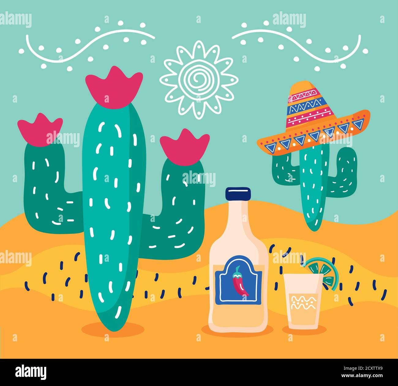 mexico celebration party with cactus wearing mariachi hat and tequila