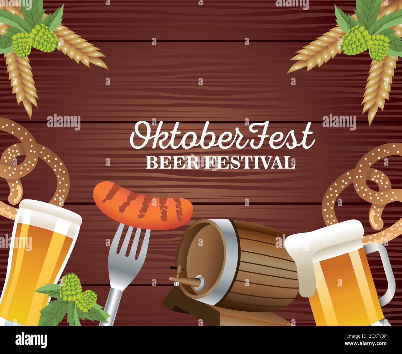 happy oktoberfest celebration with beers and food in wooden background ...