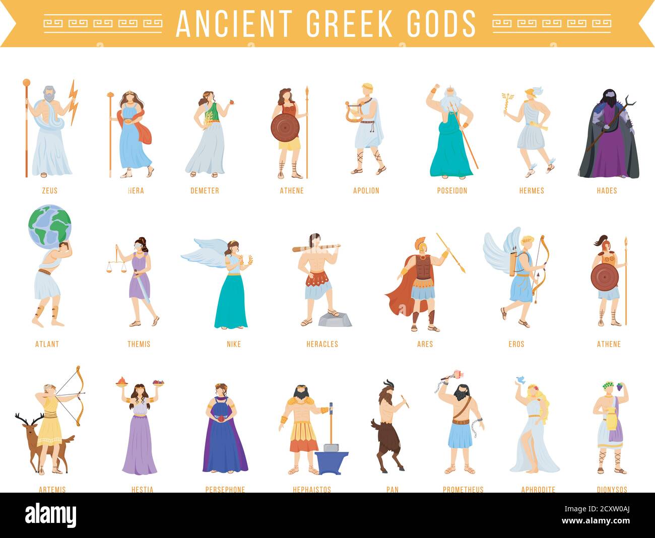 Ancient Greek pantheon gods and goddesses flat vector illustrations set Stock Vector