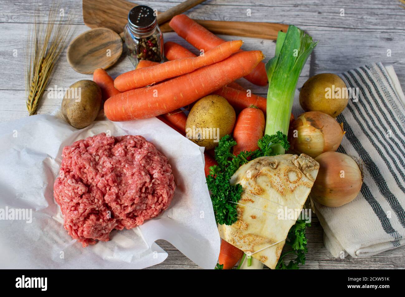 ingredients for a minced meat vegetable soup Stock Photo