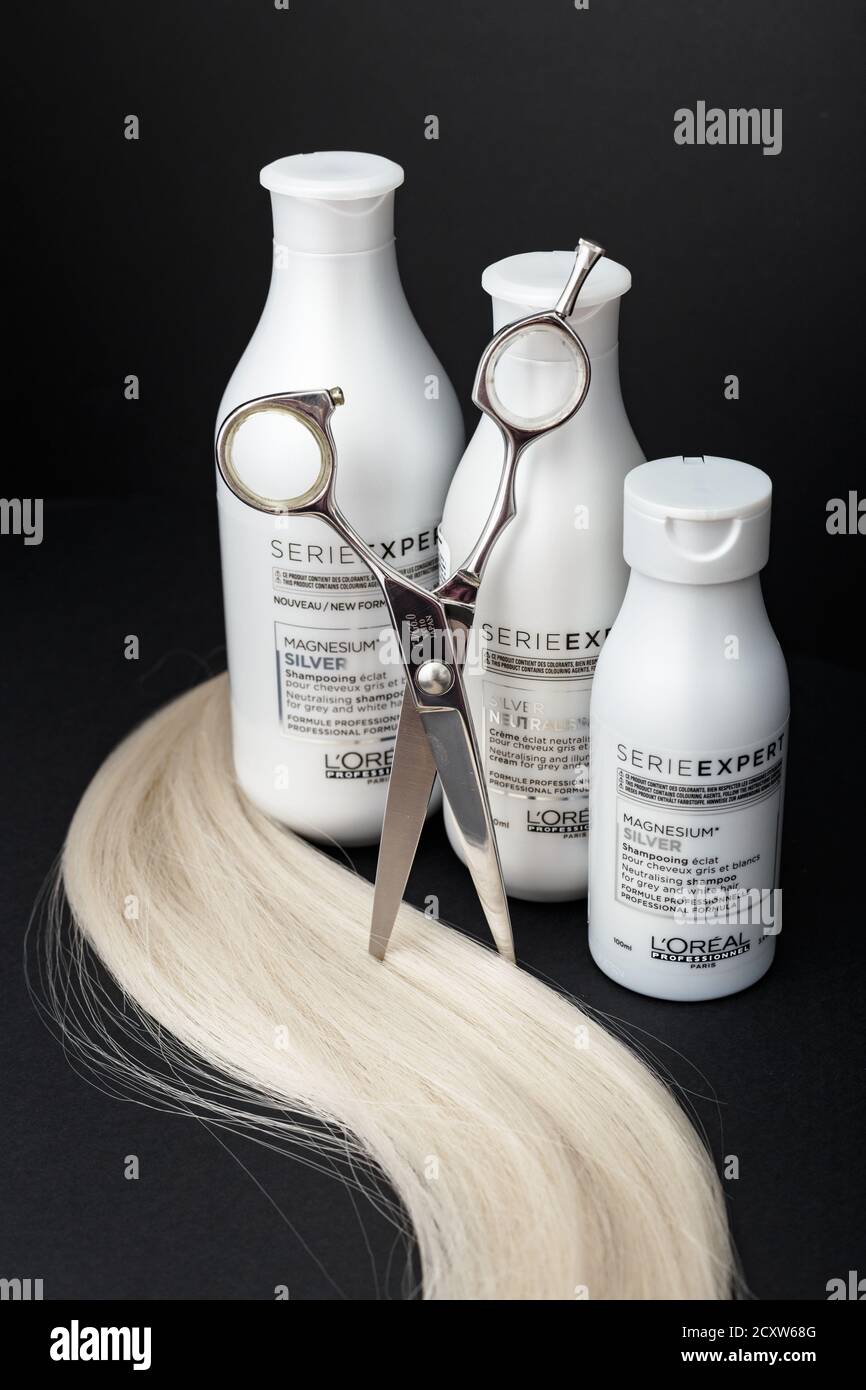 L'oreal professionnel Paris Serie Expert Silver hair professional products.Loreal shampoo cream mask for grey white hair. Professional hairdresser Stock Photo