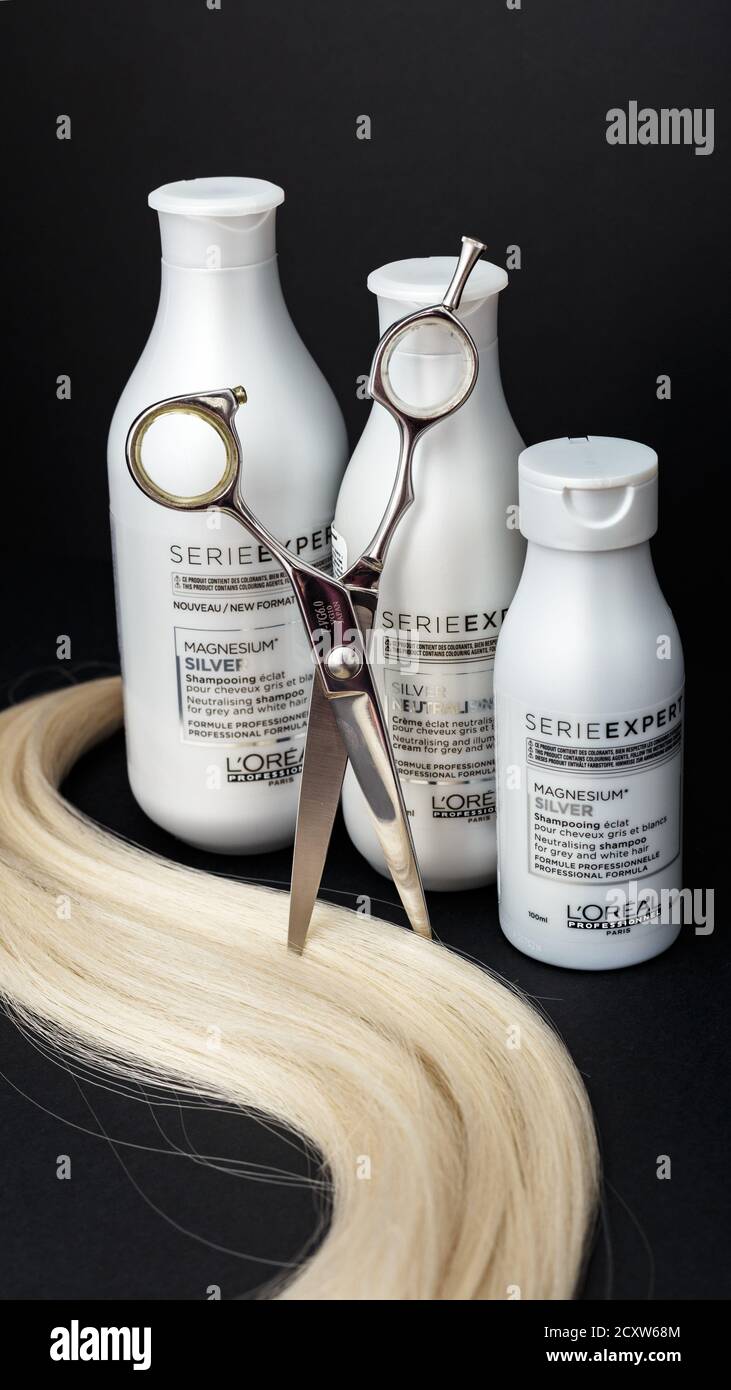 L'oreal professionnel Paris Serie Expert Silver hair professional products.Loreal  shampoo cream mask for grey white hair. Professional hairdresser Stock  Photo - Alamy