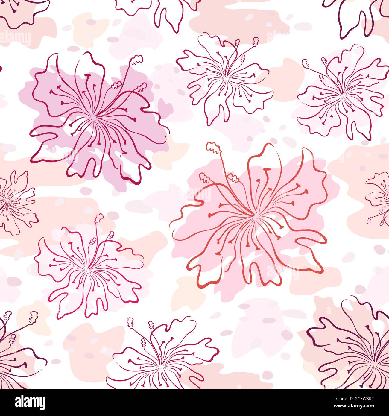 Seamless Pattern, Symbolical Flowers Contours on Abstract Tile Background. Vector Stock Vector