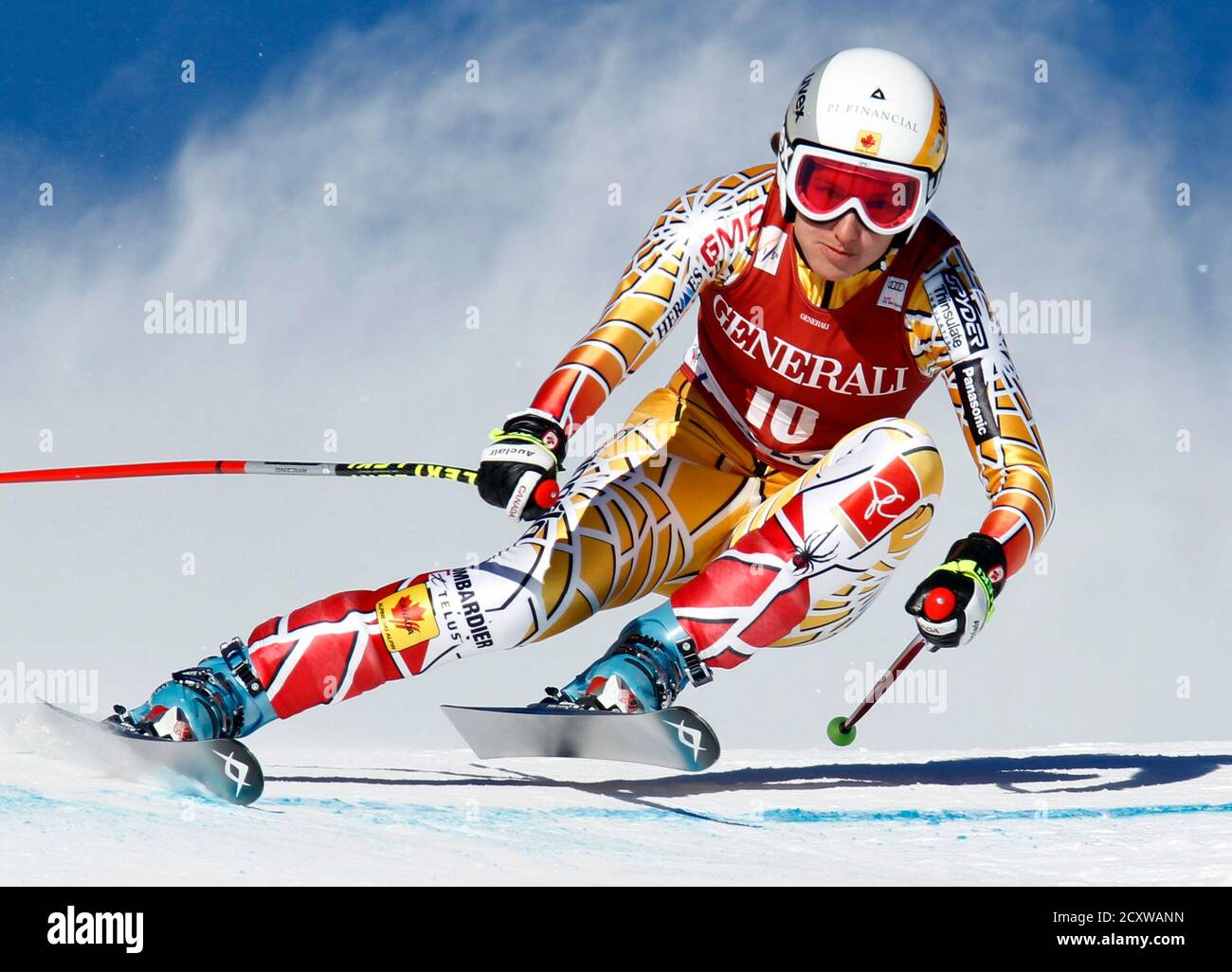 Britt Janyk of Canada makes a turn during alpine skiing at the Women's World Cup Downhill in Lake Louise, Alberta December 4, 2010.  REUTERS/Mike Blake    (CANADA - Tags: SPORT SKIING) Stock Photo