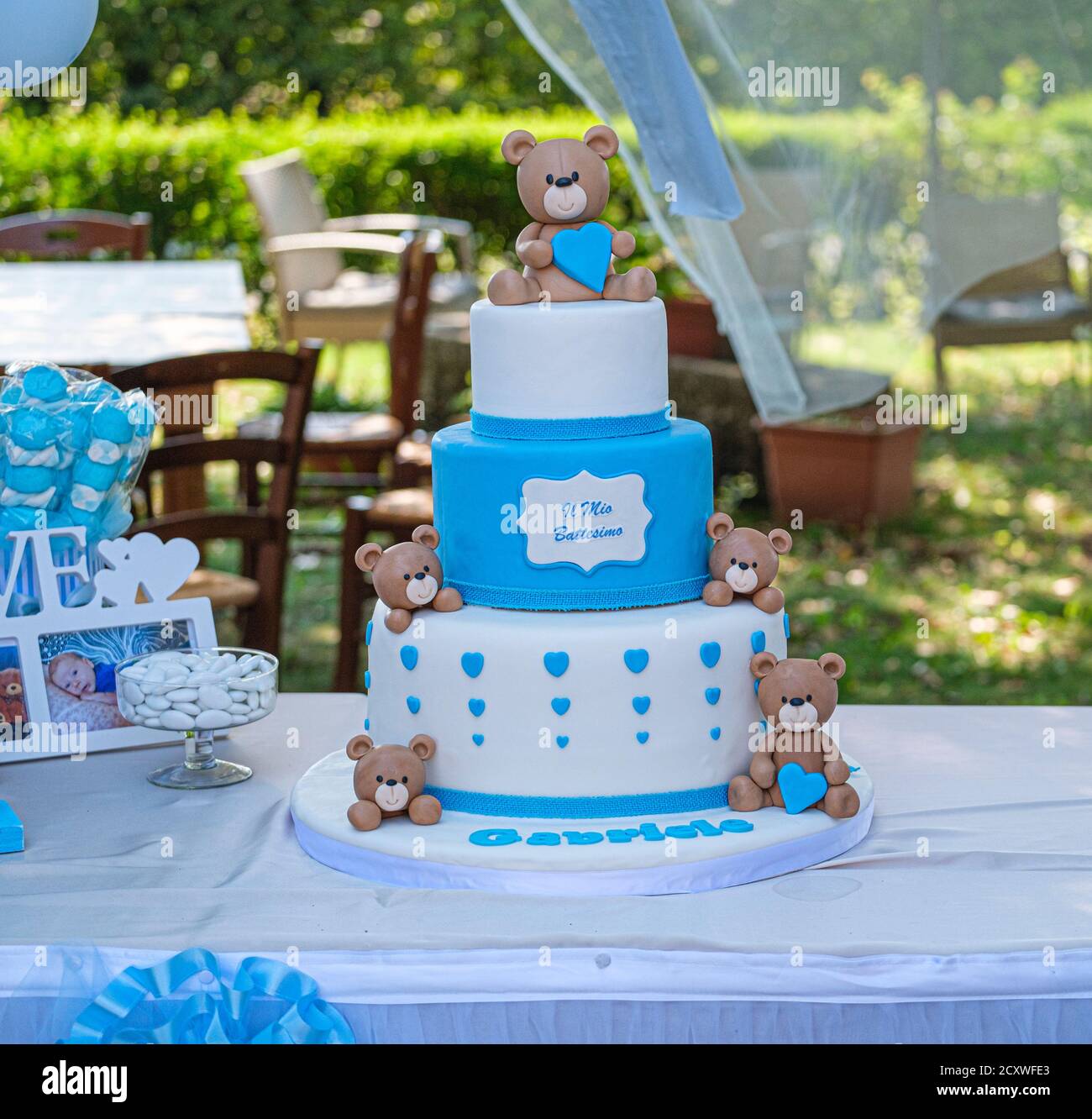 baptism cake with white and light blue teddy bears. High quality photo ...
