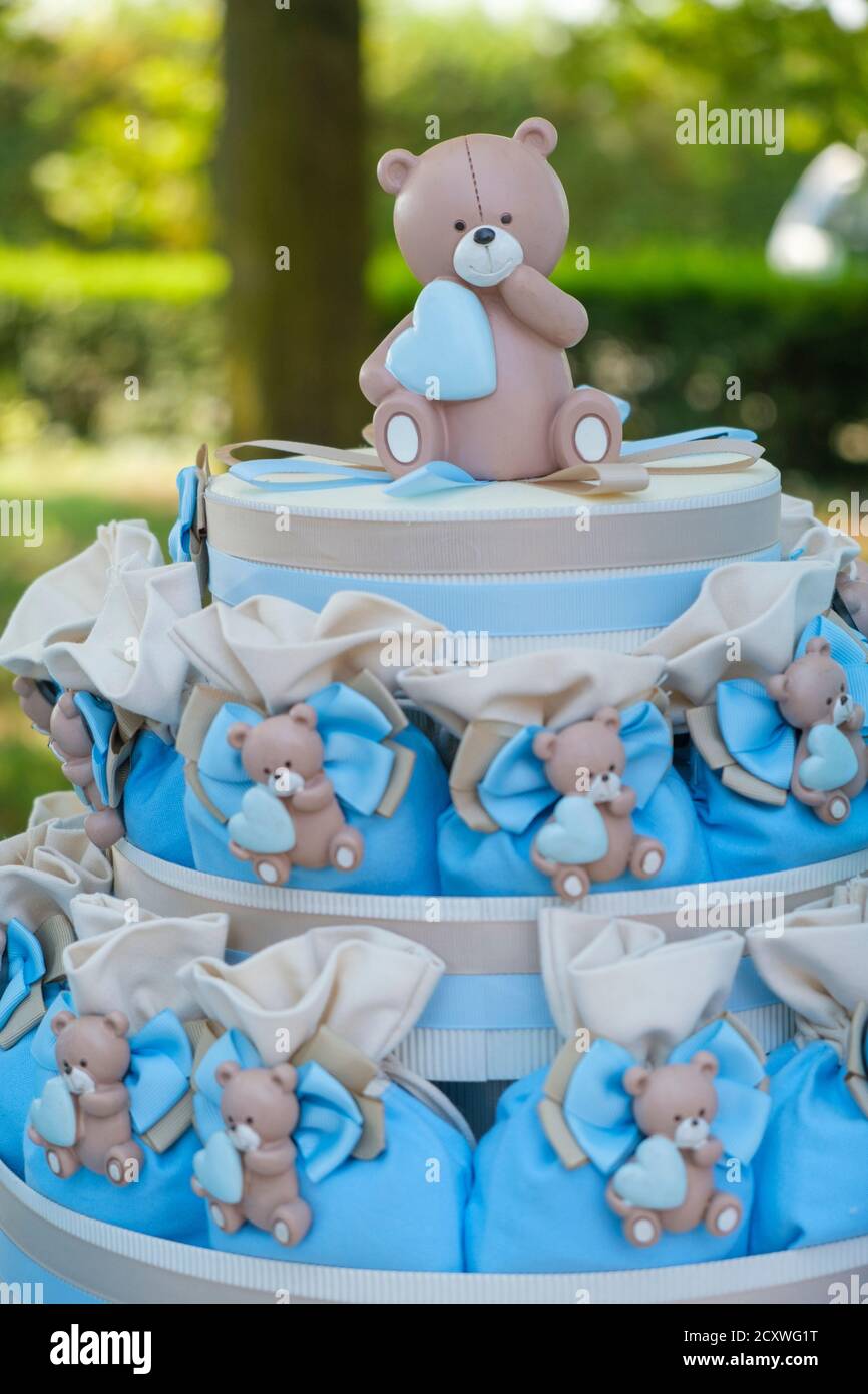 baptism cake with white and light blue teddy bears. High quality photo ...