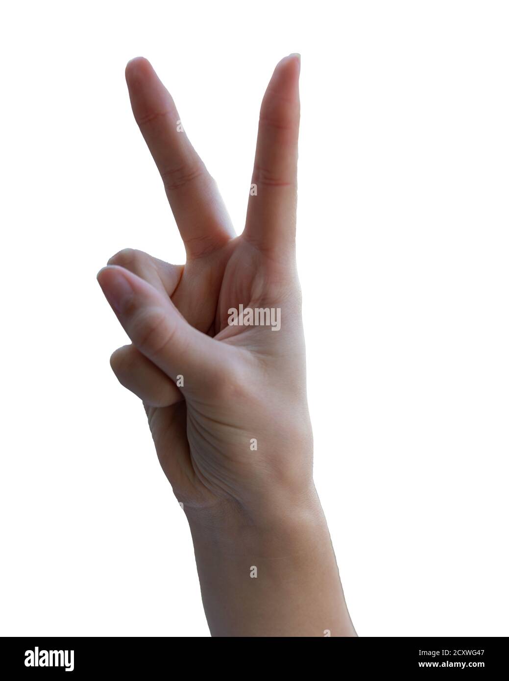 hand isolated on white background ,peace sign with two fingers . Stock Photo