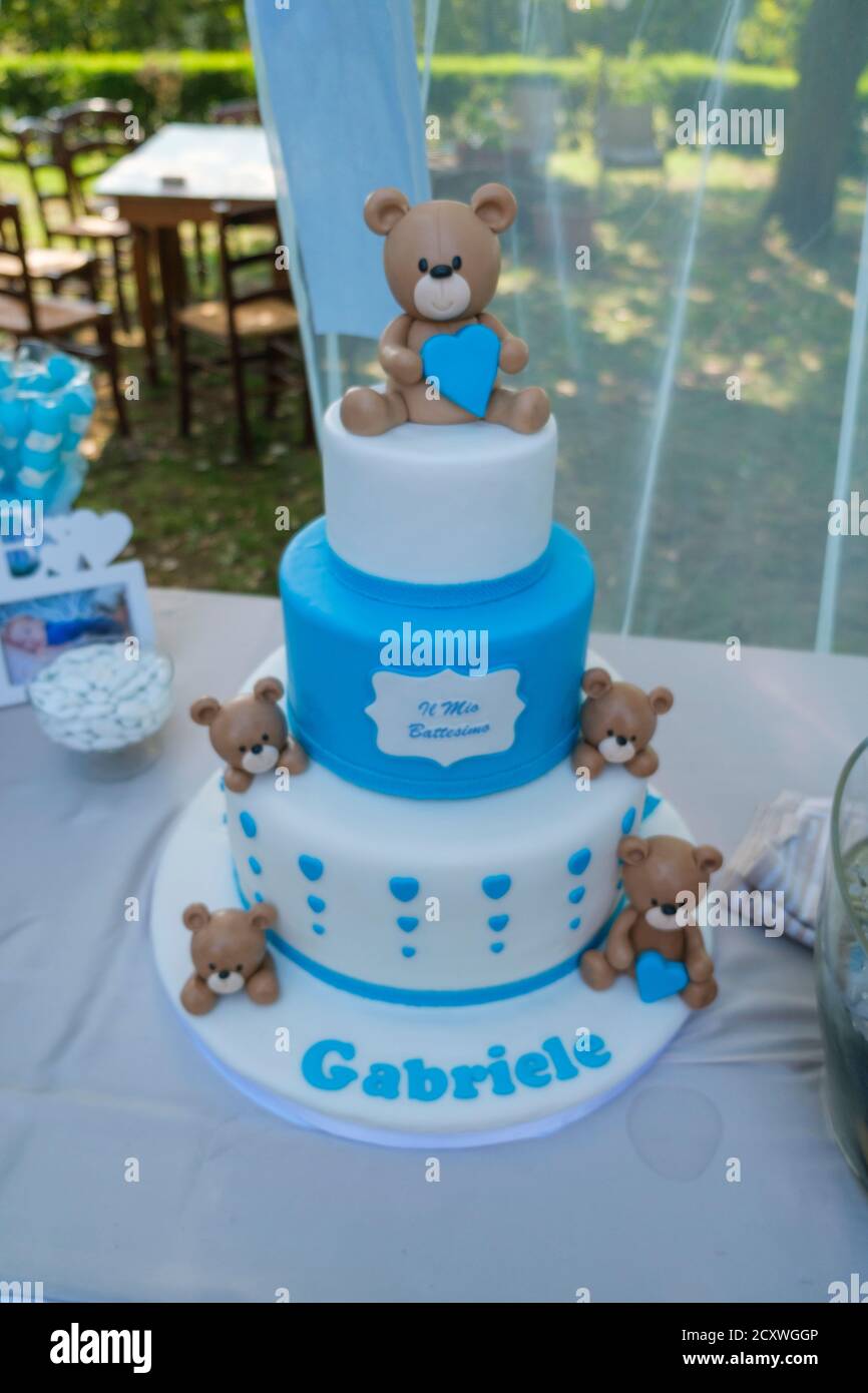 baptism cake with white and light blue teddy bears. High quality photo ...