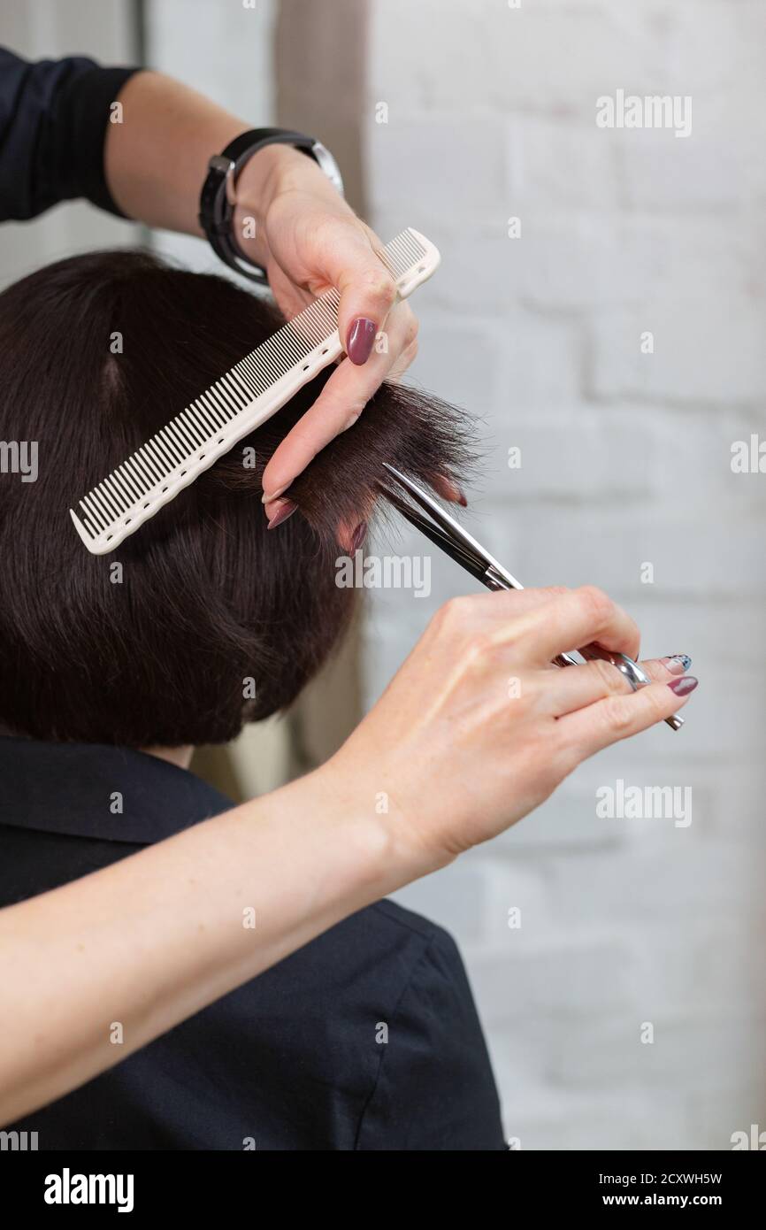 Hairdresser doing haircut. Professional hairdresser scissors, brush on workplace. Professional Hairdresser tools, equipment. Hairdresser service Stock Photo