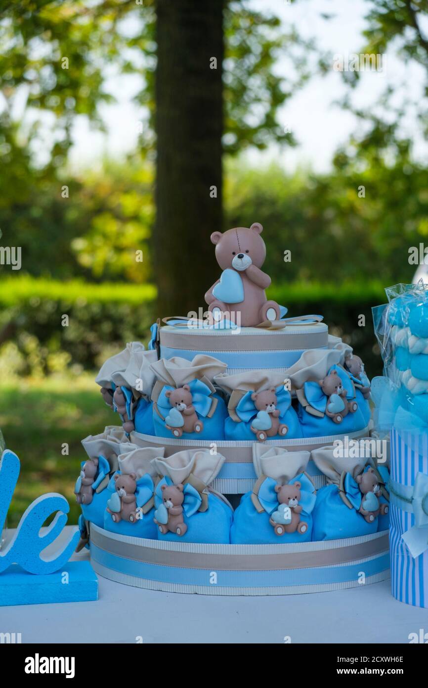 baptism cake with white and light blue teddy bears. High quality photo ...