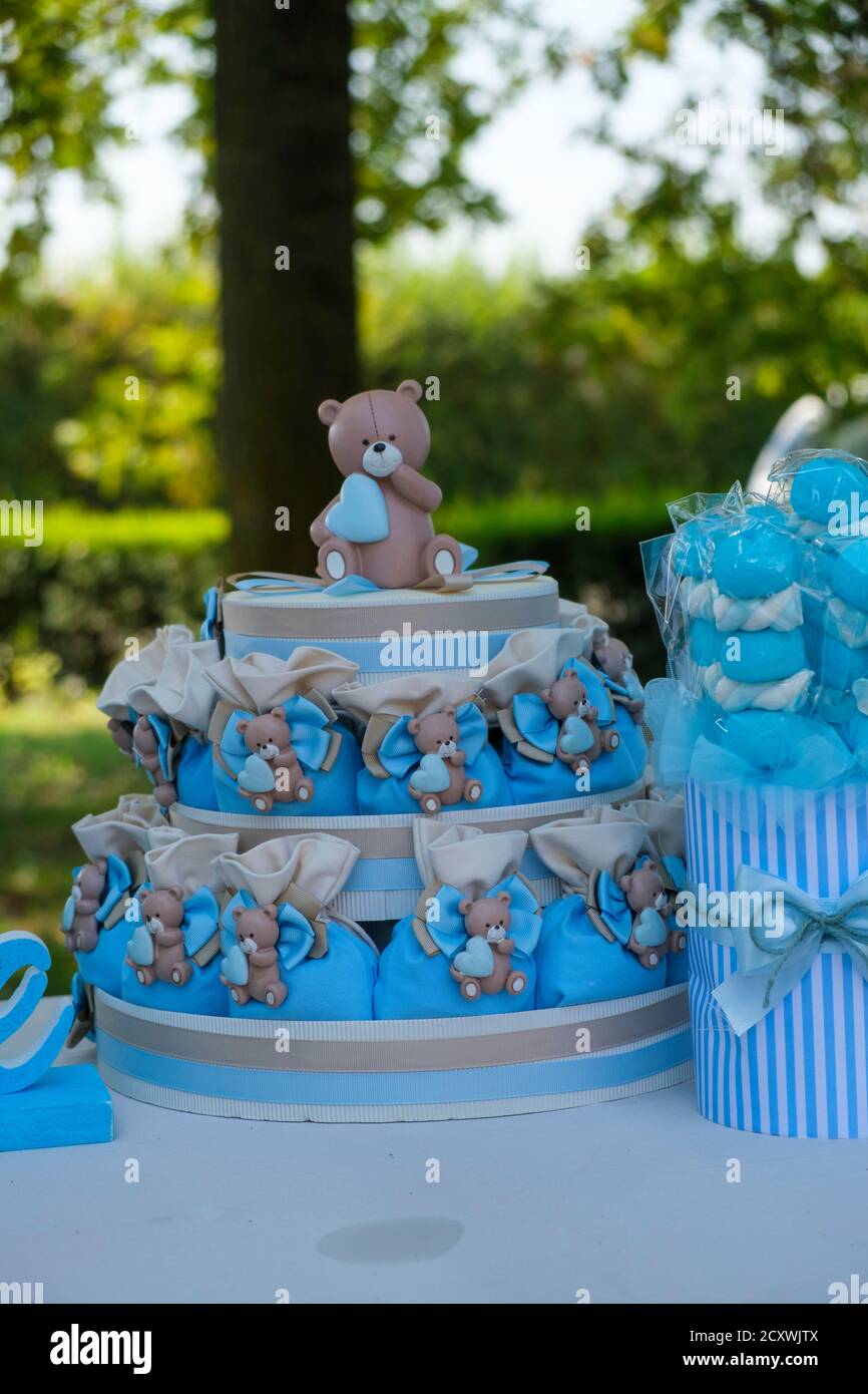 baptism cake with white and light blue teddy bears. High quality photo ...