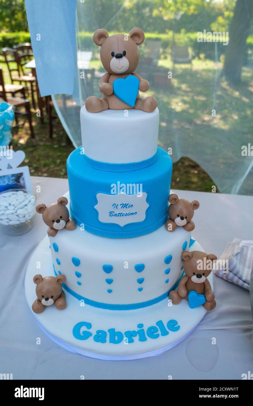 baptism cake with white and light blue teddy bears. High quality photo ...