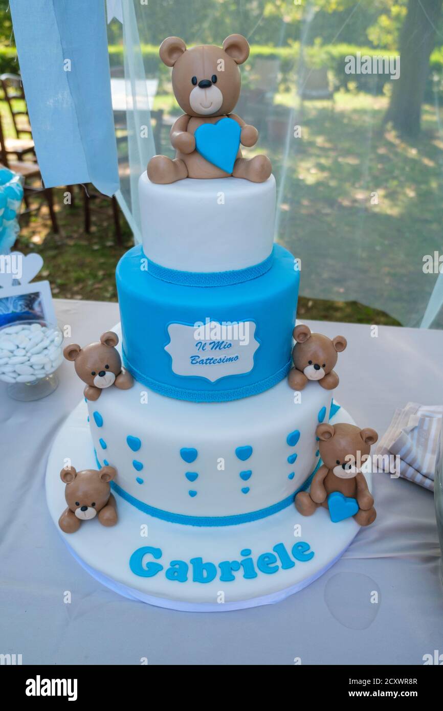 baptism cake with white and light blue teddy bears. High quality photo ...