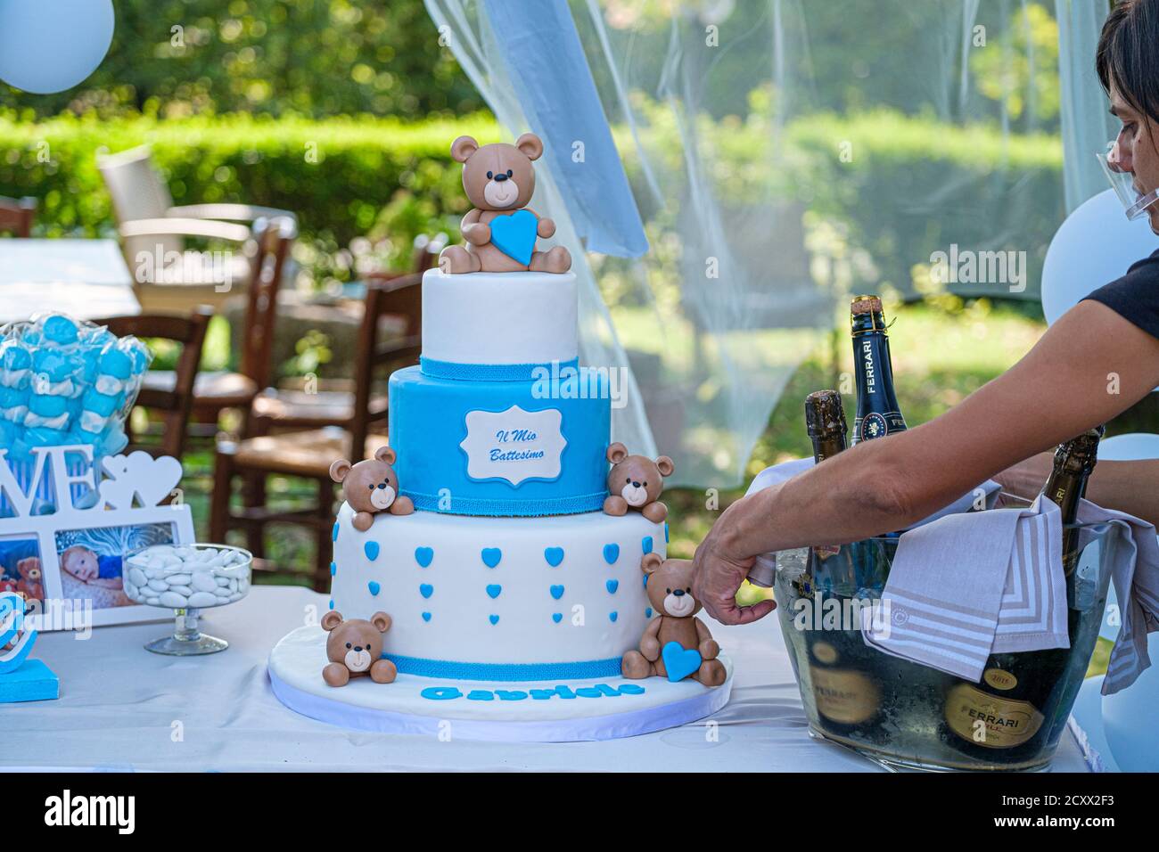 baptism cake with white and light blue teddy bears. High quality photo ...