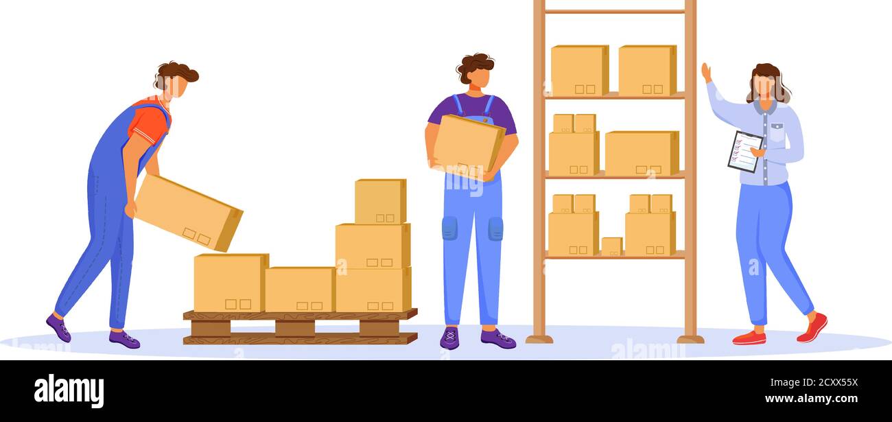 Post office male workers and loaders flat color vector illustration ...