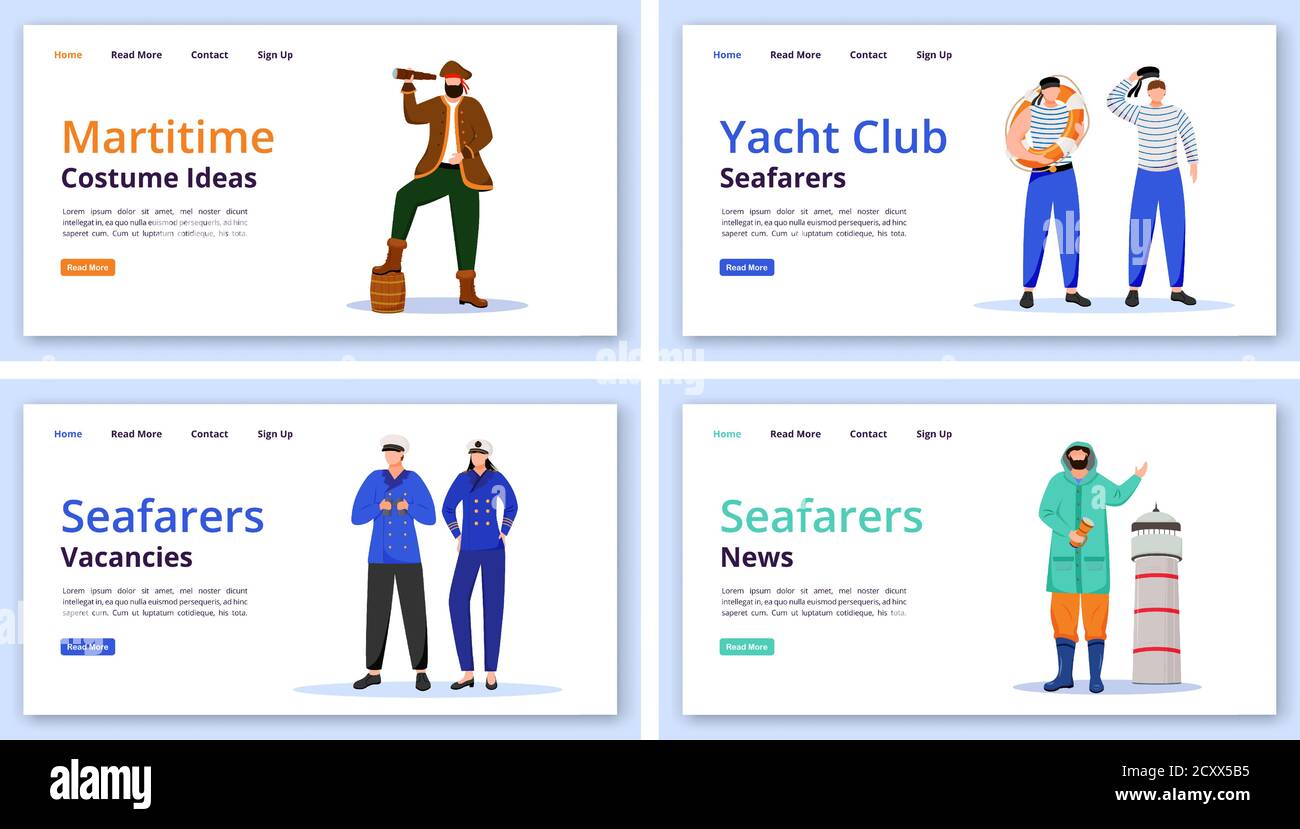 Maritime characters landing page vector templates set Stock Vector