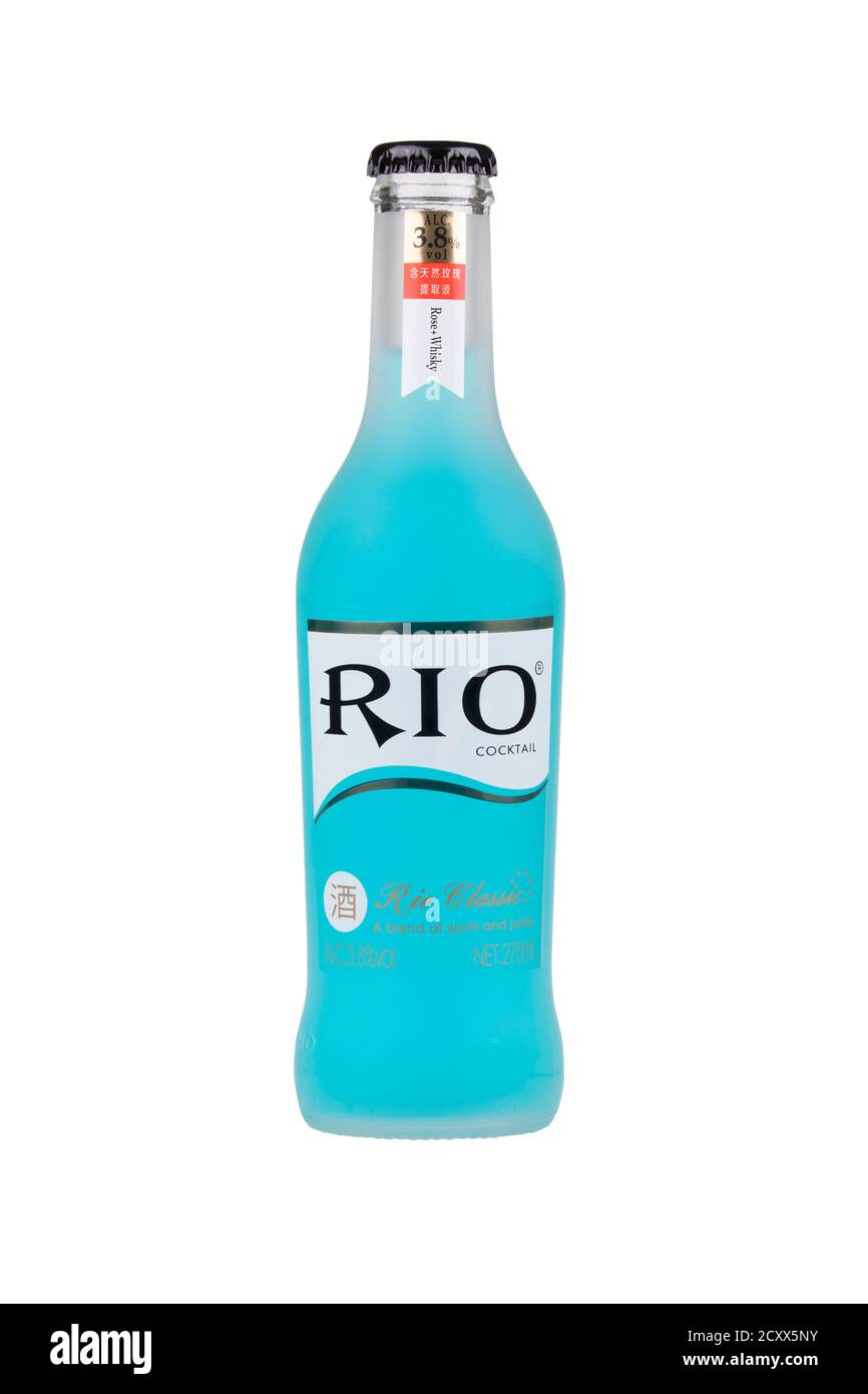 Guilin China, May 26, 2020 Rio Cocktail is a Chinese alcopop beverage isolated on a white background Stock Photo