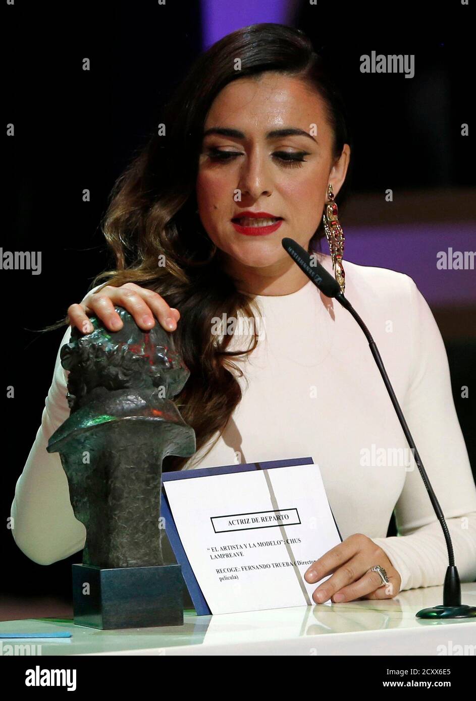 Candela Pena speaks as she receives her award for Best Supporting Actress  during the Spanish Film Academy's Goya awards ceremony in Madrid February  17, 2013. Picture taken February 17, 2013. REUTERS/Juan Medina (