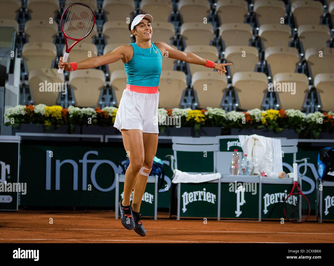 Caroline Garcia of France celebrates after her victory against Aliaksandra Sasnovich of Belarus during the second round at the Roland Garros 2020, Gra Stock Photo