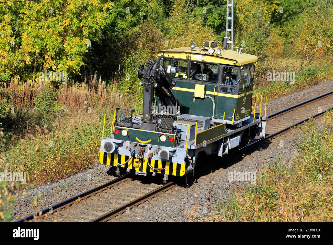 Tka7 On-Track-Machine No 217 on the move. 80 Tka7 were manufactured by Valmet in 1977-93, numbered 168–247. Salo, Finland. September 27, 2020. Stock Photo