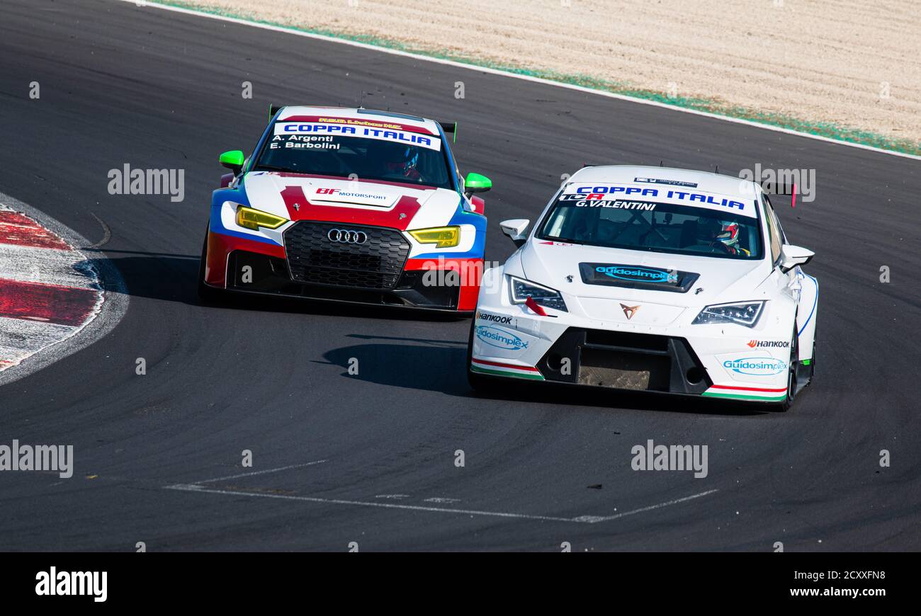 Vallelunga, Rome, Italy, 11 september 2020. TCR Championship. Racing Audi Rs3 and Seat Leon cars  challenging in overtaking battle at motorsport circu Stock Photo