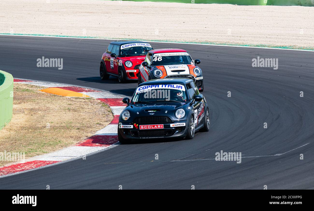 Vallelunga, Rome, Italy, 11 september 2020. TCR Championship. Racing Mini Cooper cars challenging in overtaking battle at motorsport circuit turn Stock Photo