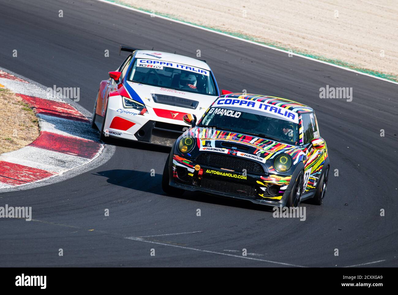 Vallelunga, Rome, Italy, 11 september 2020. TCR Championship. Racing cars  challenging in overtaking battle at motorsport circuit turn Stock Photo