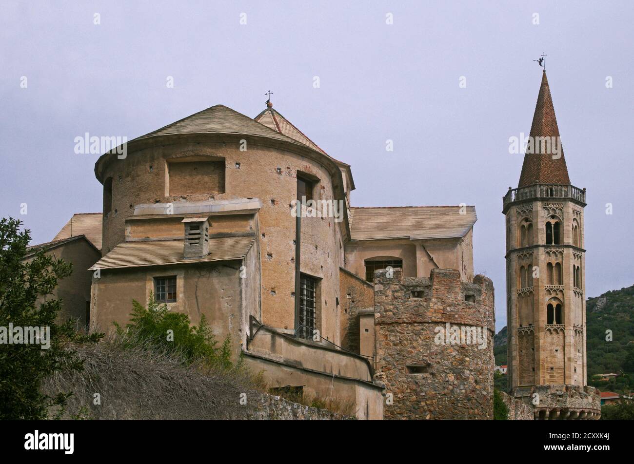 collegiata (basilica)di San Biagio with bell tower in the ancient village of Finalborgo, Liguria region, Italy Stock Photo