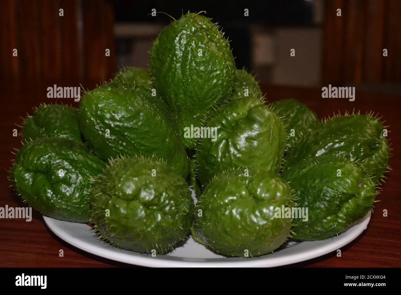 Chayote fruits are the delicious vegetables grown in many countries of the world. They are from gourd family. Stock Photo