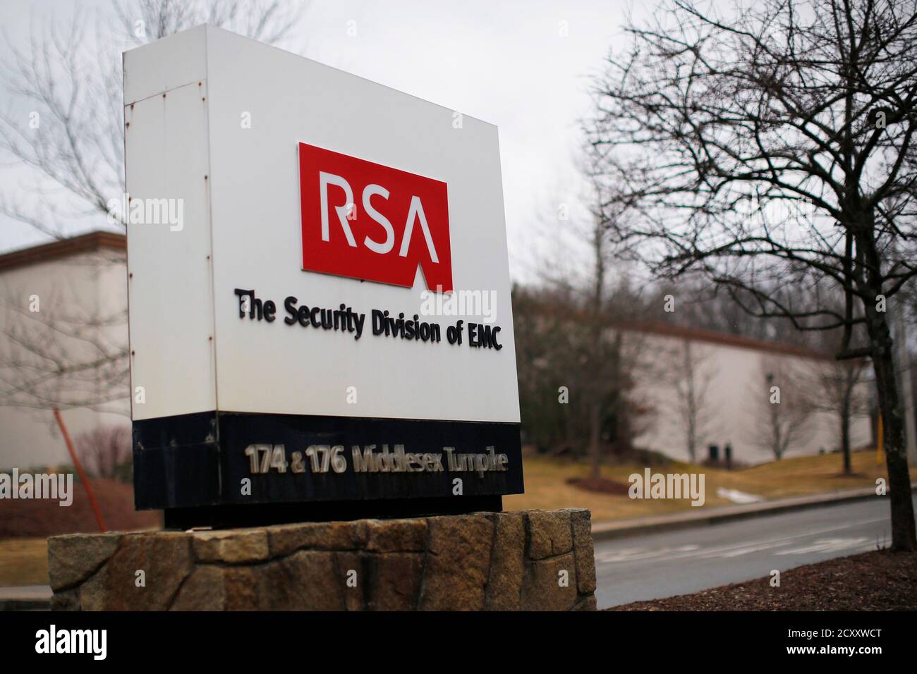 A sign marks the entrance to RSA's facility in Bedford, Massachusetts March 28, 2014. Security industry pioneer RSA adopted not just one but two encryption tools developed by the U.S. National Security Agency, greatly increasing the spy agency's ability to eavesdrop on some Internet communications, according to a team of academic researchers.  Picture taken March 28, 2014. To match Exclusive USA-SECURITY/NSA-RSA   REUTERS/Brian Snyder  (UNITED STATES - Tags: POLITICS BUSINESS SCIENCE TECHNOLOGY) Stock Photo