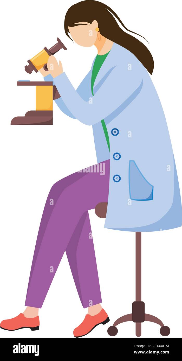 Scientist in lab coat with protection glasses flat vector illustration ...
