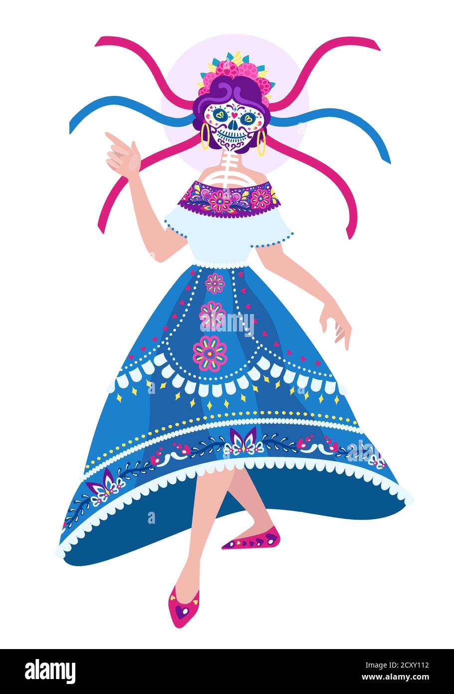 Calavera Catrina dancer - isolated vector, full body picture. Dia de Los Muertos, skeleton woman character Stock Vector