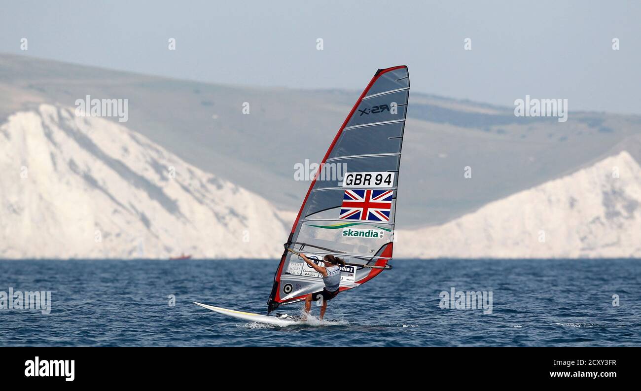 Britain's Bryony Shaw competes in the RS:X Women's Windsurfer class during the Weymouth and Portland International Regatta at the Weymouth and Portland National Sailing Academy in southern England August 5, 2011. This event is one of the London Organising Committee of the Olympic Games' (LOCOG) test events for the London 2012 Olympic Games.  REUTERS/Eddie Keogh (BRITAIN - Tags: SPORT YACHTING OLYMPICS) Stock Photo
