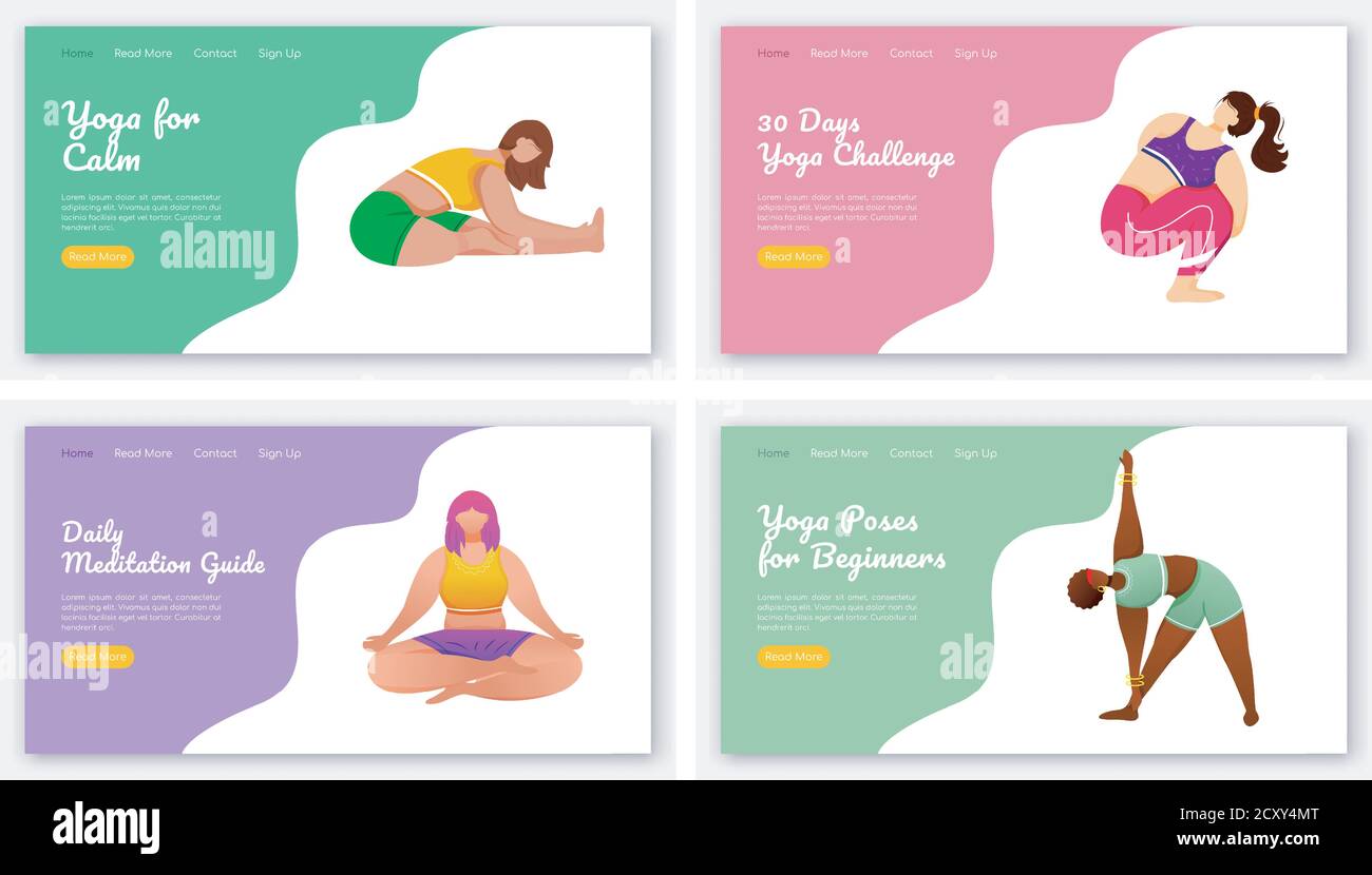 Yoga and meditation poses landing page vector template set Stock Vector ...