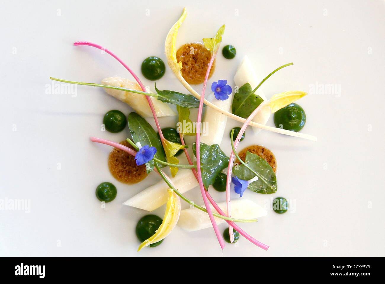 A starter of asparagus and sorrel, created by Belgian chef Gert De  Mangeleer, is seen in the kitchen of Hertog Jan, the country's latest  three-star Michelin restaurant, in Bruges March 29, 2012.
