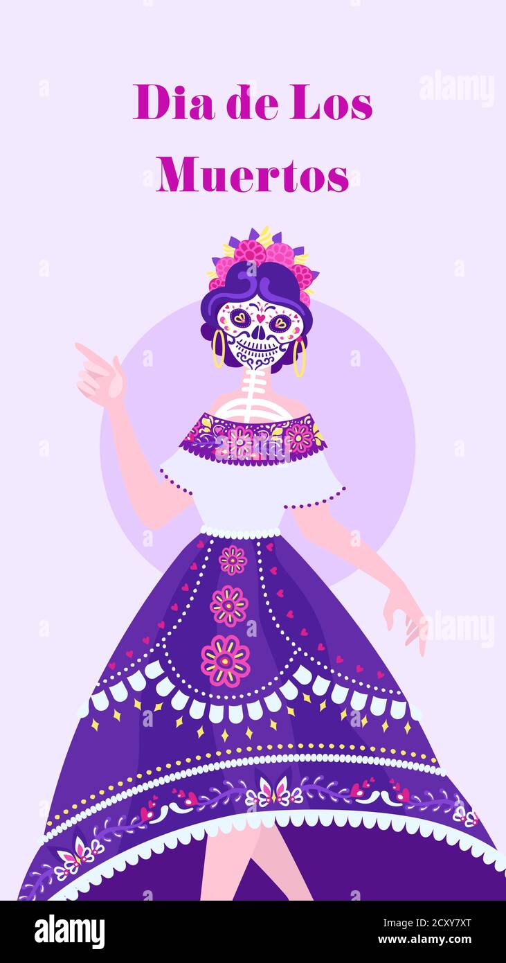Dia de Los Muertos - social media vertical template. Dancing Catrina on the plain background and text Stock Vector