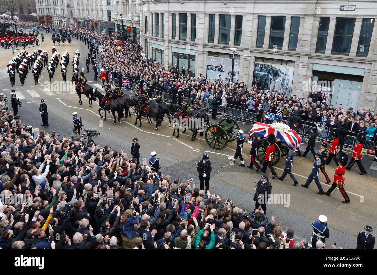 The Funeral Procession Of Former British Prime Minister Margaret Thatcher Travels Along Ludgate Hill To Her