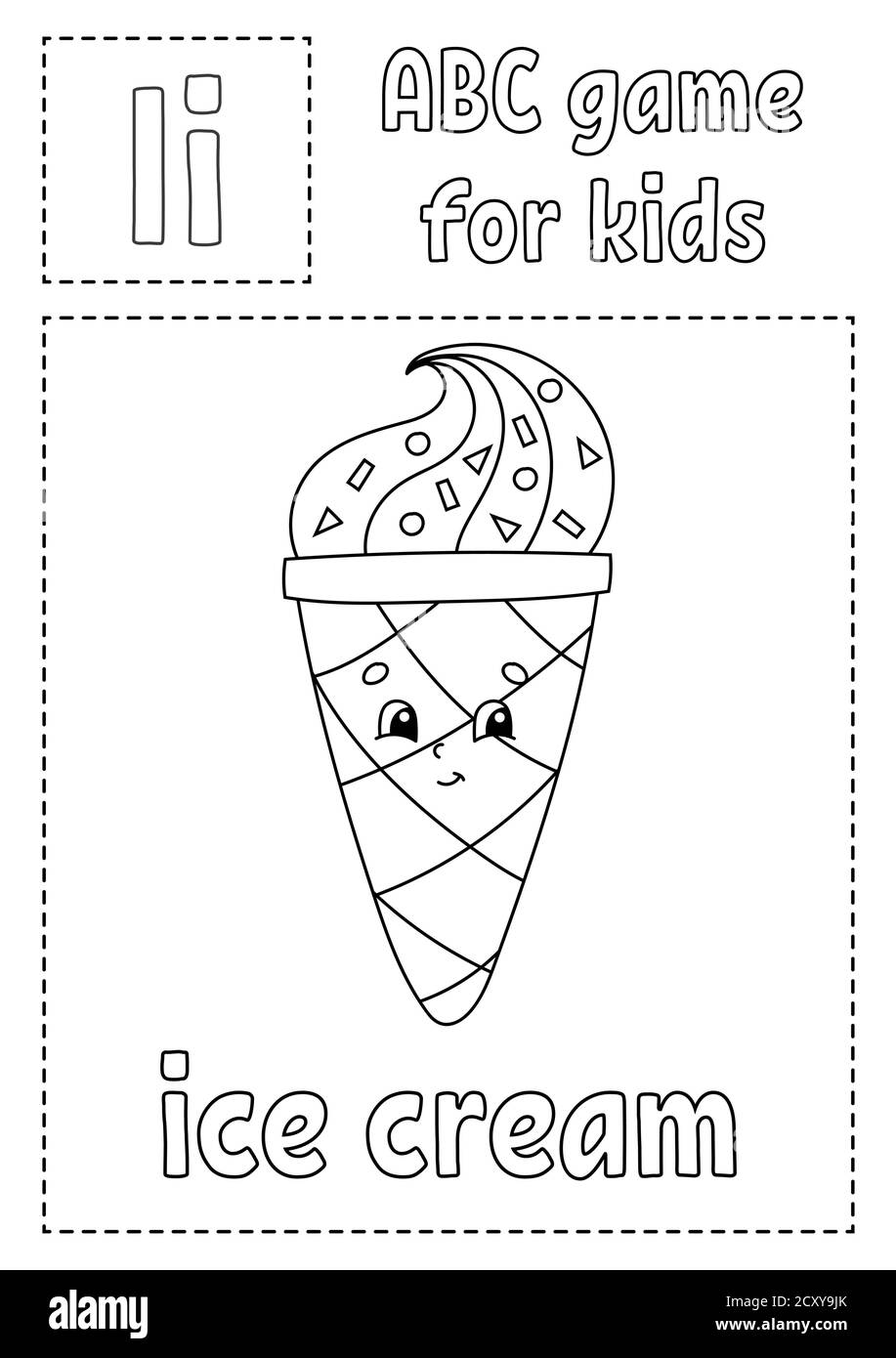 Letter I is for ice cream. ABC game for kids. Alphabet coloring page. Cartoon character. Word and letter. Vector illustration. Stock Vector