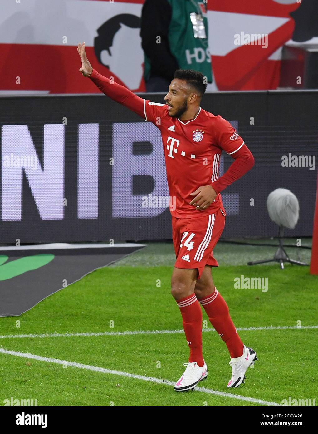 Allianz Arena Munich Germany 30.09.20, Football: German SUPERCUP FINALE 2020/2021, FC Bayern Muenchen (FCB, red) vs Borussia Dortmund  (BVB, yellow) 3:2 — Corentin Tolisso (FC Bayern Muenchen) celebrates after his goal Foto: Markus Ulmer/Pressefoto Ulmer/Pool/via Kolvenbach  DFL regulations prohibit any use of photographs as image sequences and/or quasi-video. Stock Photo