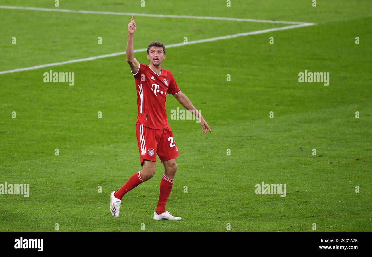 Allianz Arena Munich Germany 30.09.20, Football: German SUPERCUP FINALE 2020/2021, FC Bayern Muenchen (FCB, red) vs Borussia Dortmund  (BVB, yellow) 3:2 — Thomas Mueller (FCB) celebrates after the 2:0 Foto: Markus Ulmer/Pressefoto Ulmer/Pool/via Kolvenbach  DFL regulations prohibit any use of photographs as image sequences and/or quasi-video. Stock Photo