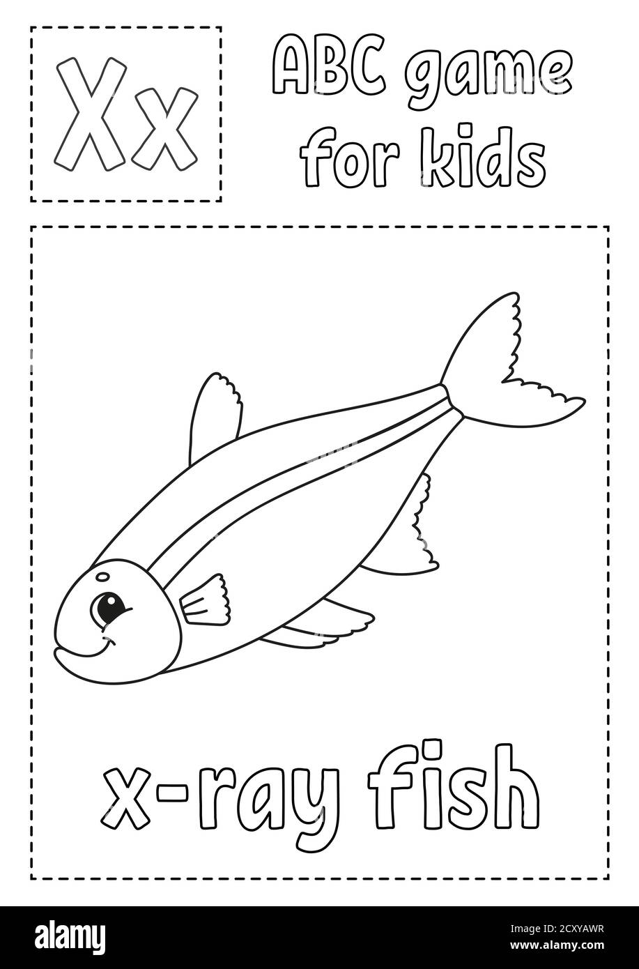 Letter X is for x-ray fish. ABC game for kids. Alphabet coloring page. Cartoon character. Word and letter. Vector illustration. Stock Vector