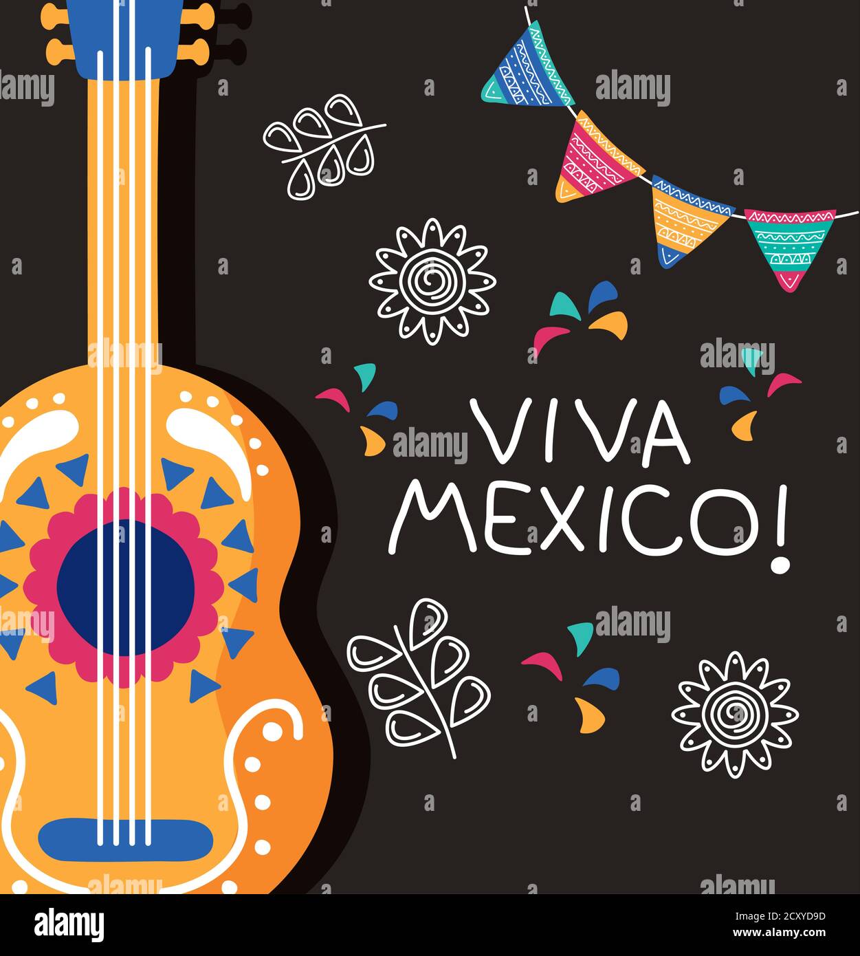 viva mexico celebration day lettering with guitar and garlands vector ...