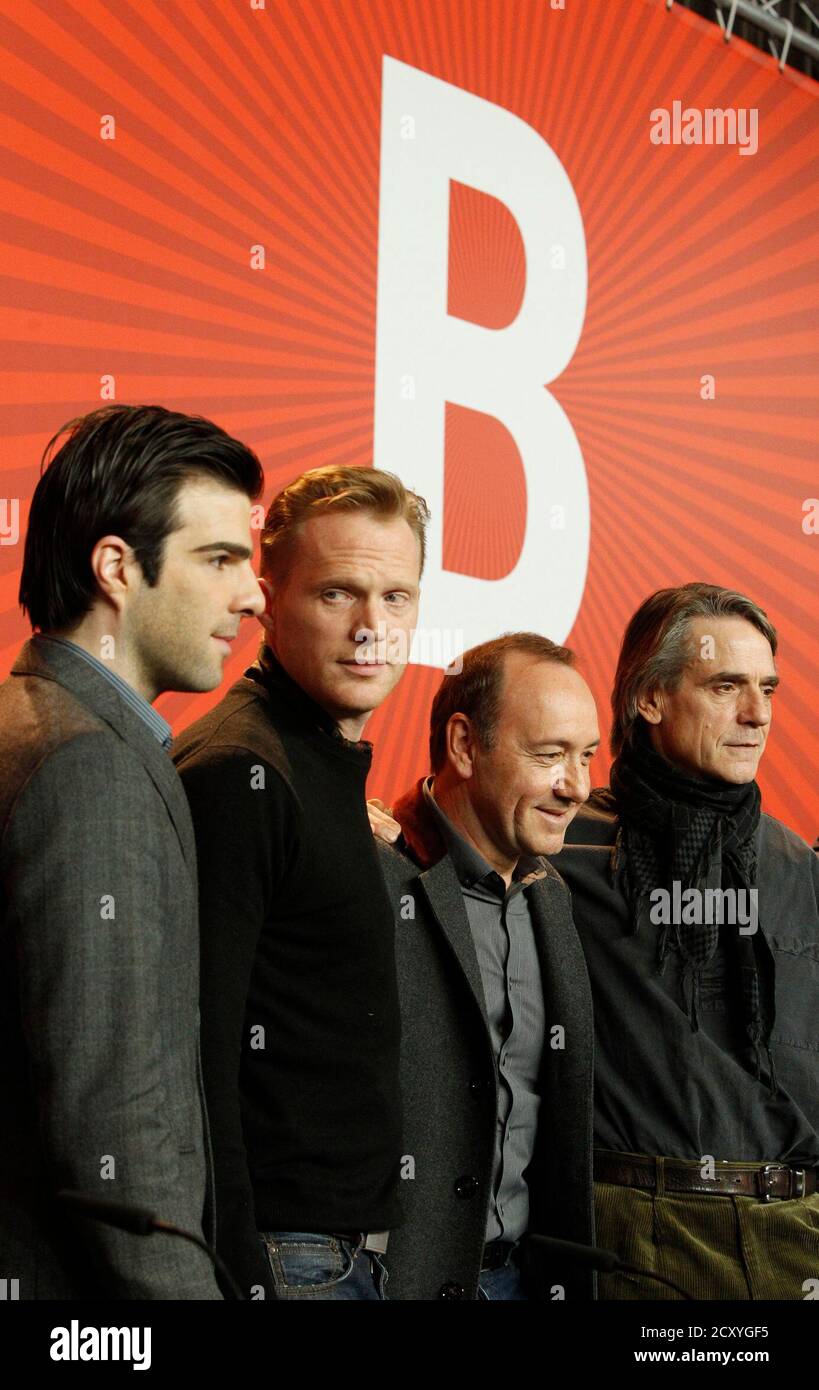 Cast Members Zachary Quinto L R Paul Bettany Kevin Spacey And Jeremy Irons Pose After A News Conference To Promote The Movie Margin Call At The 61st Berlinale International Film Festival In Berlin